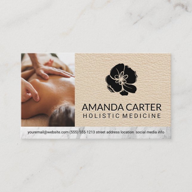 Massage Therapist Session | Leather | Flower Icon Business Card (Front)
