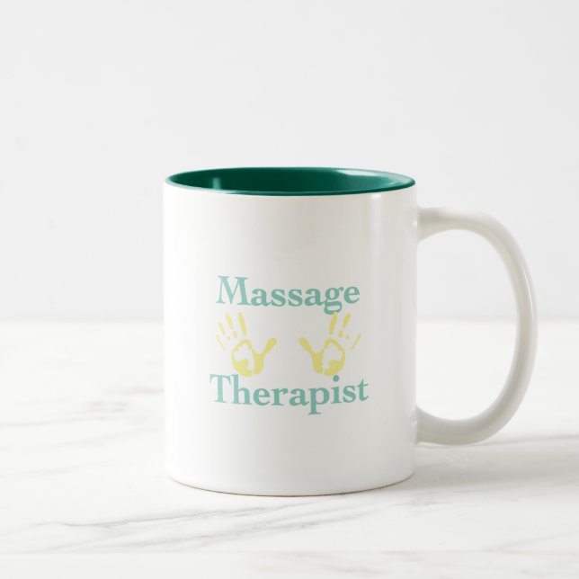 Massage Therapist: Yellow Hand Prints Two-Tone Coffee Mug (Right)
