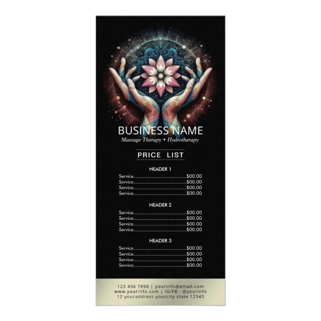 Massage Therapy Healing Hand Energy Spa Price List Rack Card (Front)