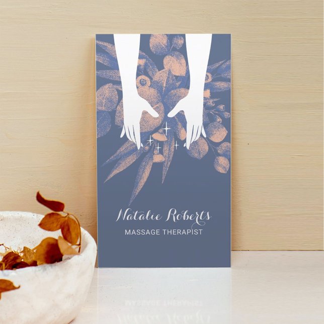Massage Therapy Healing Hands Blue Pink Greenery Business Card (Creator Uploaded)