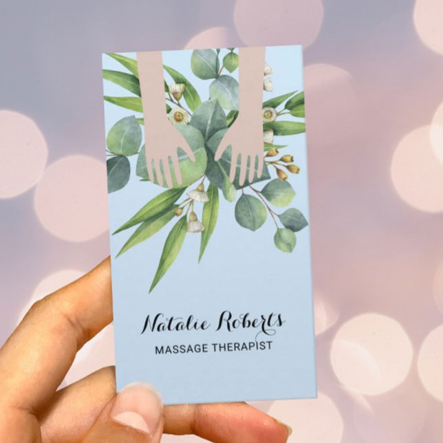 Massage Therapy Healing Hands Botanical Blue Spa Business Card (Creator Uploaded)