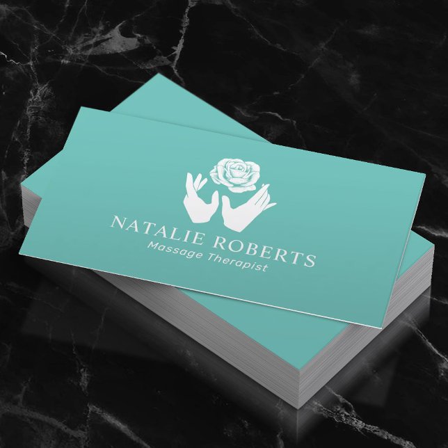 Massage Therapy Healing Hands & Flower Teal Spa Business Card (Creator Uploaded)