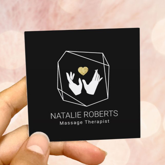 Massage Therapy Healing Hands Gold Heart Geometric Square Business Card (Creator Uploaded)