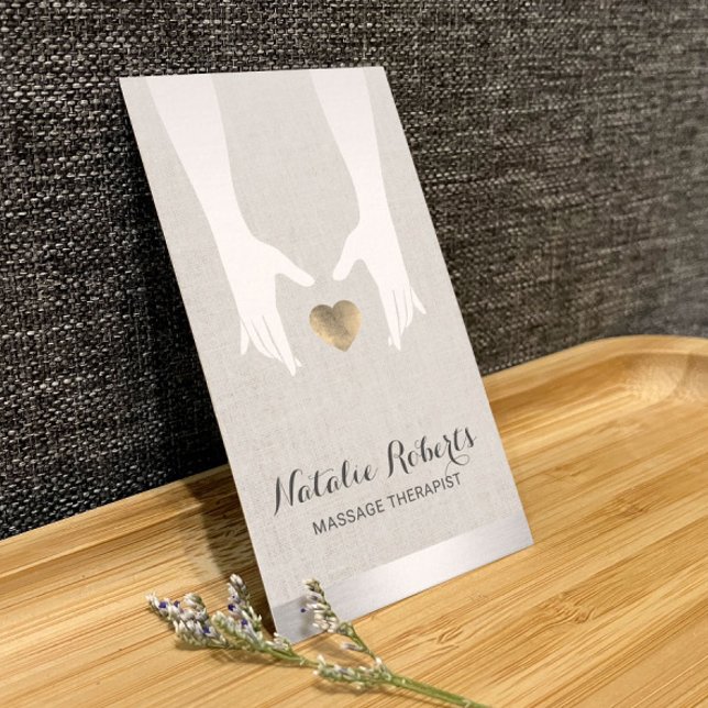 Massage Therapy Healing Hands & Gold Heart Linen Business Card (Creator Uploaded)