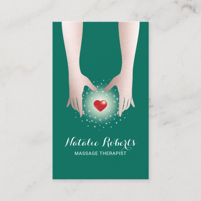 Massage Therapy Healing Hands & Heart Teal Business Card (Front)