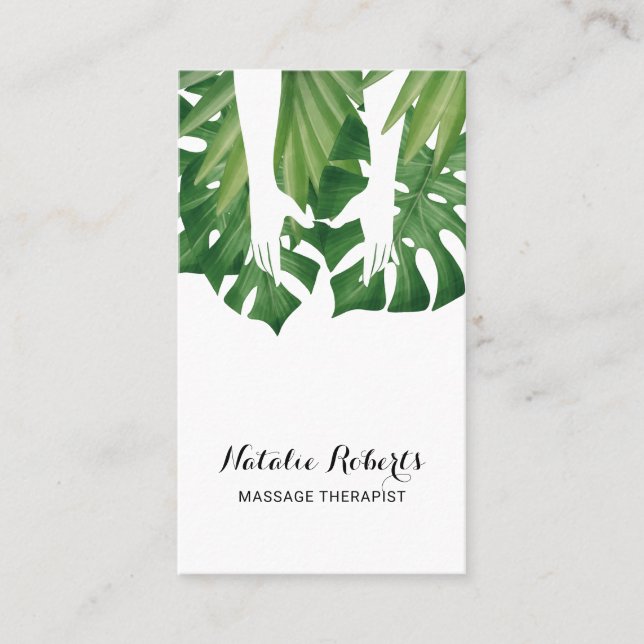 Massage Therapy Healing Hands Tropical Leaves Spa Business Card (Front)