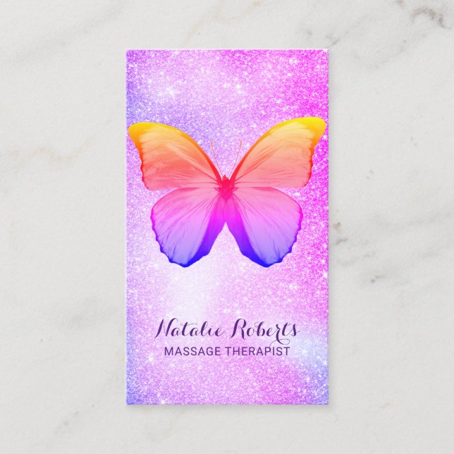 Massage Therapy Modern Rainbow Glitter Butterfly Business Card (Front)