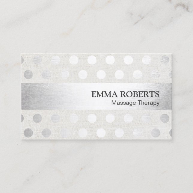 Massage Therapy Modern Silver Dots Faux Linen Business Card (Front)