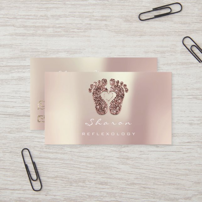 Massage Therapy Reflexology Copper Gold Glitter Business Card (Front/Back In Situ)