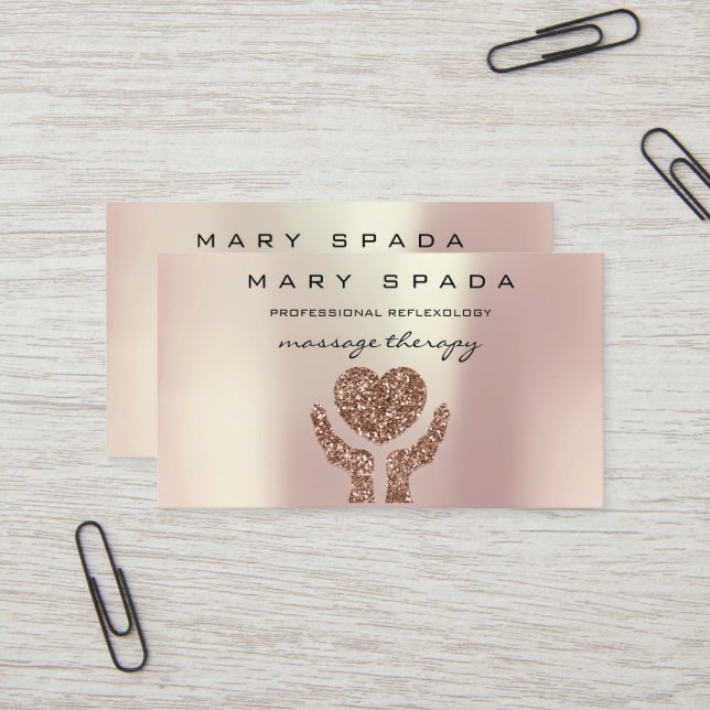 Massage Therapy Reflexology Hands Reiki Rose Gold Business Card (Front/Back In Situ)