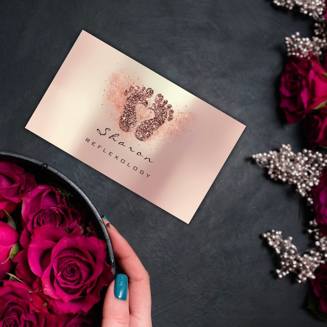 Massage Therapy Reflexology Rose Gold Glitter Dust Business Card (Massage Therapy Reflexology Rose Gold Glitter Dust Business Card)