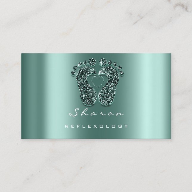 Massage Therapy Reflexology Teal Gree Glitter Feet Business Card (Front)