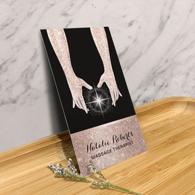 Massage Therapy Reiki Spa Rose Gold Healing Hands Business Card (Creator Uploaded)