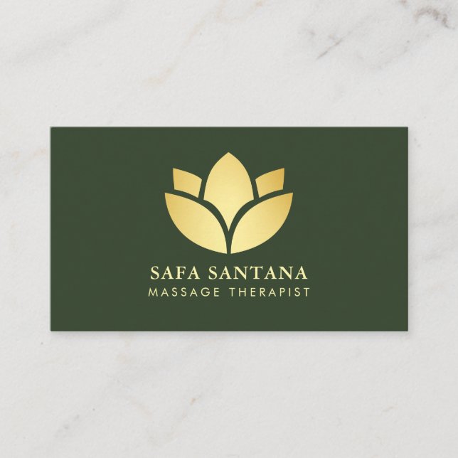 Massage Therapy Spa Lotus Flower Dark Green Business Card (Front)