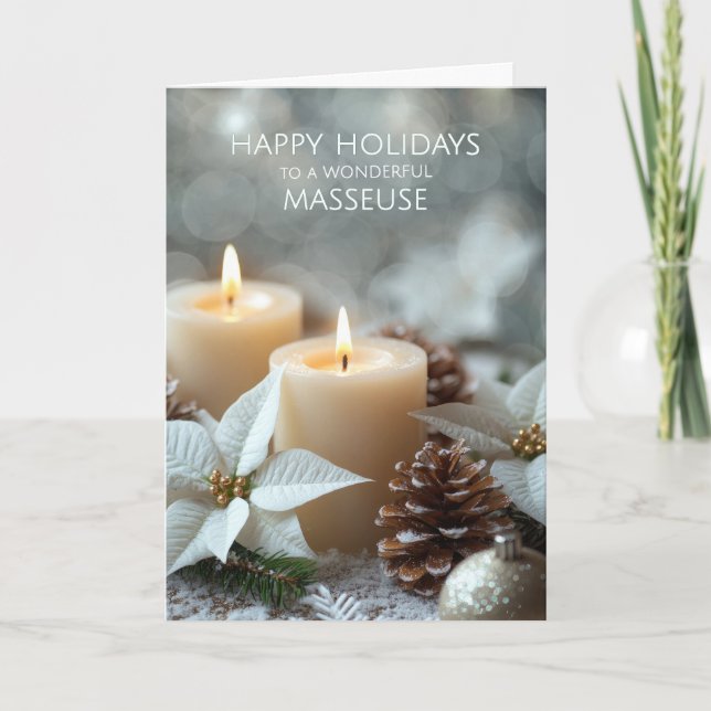 Masseuse Christmas Candles and White Poinsettias Holiday Card (Front)