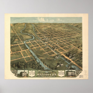 Massillon Ohio 1870 Antique Panoramic Map Poster