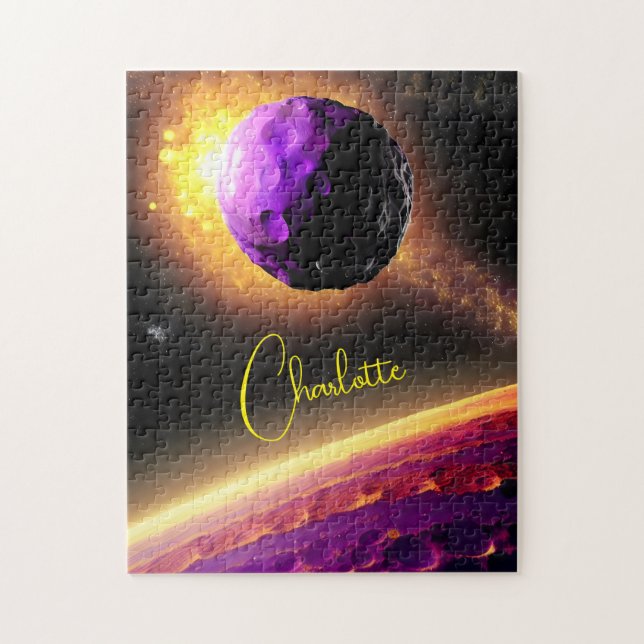 Massive Purple Space Rock About to Hit Pink Planet Jigsaw Puzzle (Vertical)