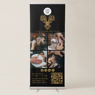 Master Barber Shop Gold Stag Logo QR Code 4 Photo Retractable Banner