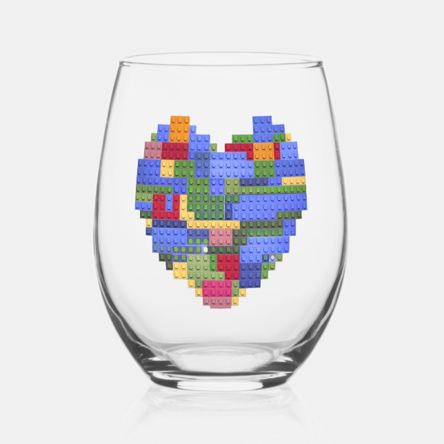 Master Builder Block Brick Building Heart Valentin Stemless Wine Glass (Back)