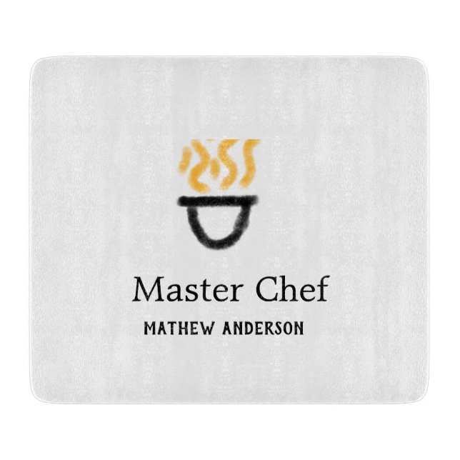 Master chef add name black pan yellow fire fume co cutting board (Front)