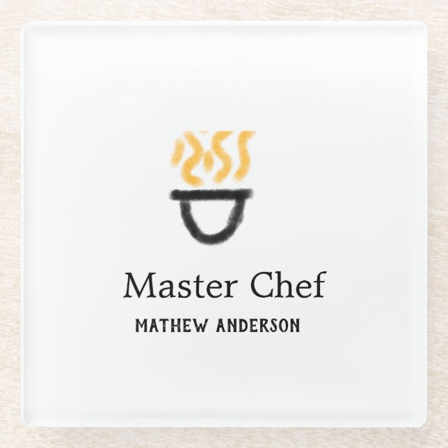 Master chef add name black pan yellow fire fume co glass coaster (Front)