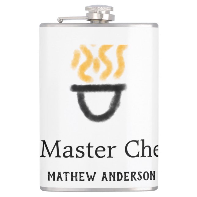 Master chef add name black pan yellow fire fume co hip flask (Front)