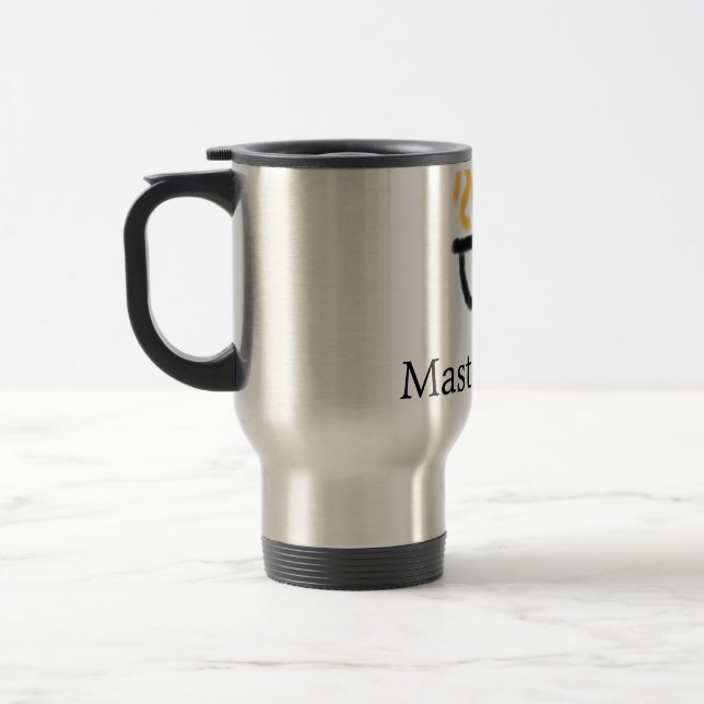 Master chef add name black pan yellow fire fume co travel mug (Left)