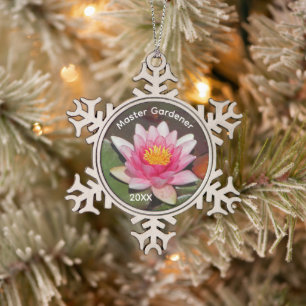 Master Gardener Pink Water Lily Flower Holiday Snowflake Pewter Christmas Ornament