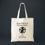 Master of Dark Arts & Crafts Tote Bag<br><div class="desc">Master of Dark Arts & Crafts. This funny occult knitting & crocheting design is a great gift for a witch or pagan who loves to knit or crochet. Has a graphic of a pentagram with a cat playing with a ball of yarn. Crafting & the fibre arts can seem like...</div>