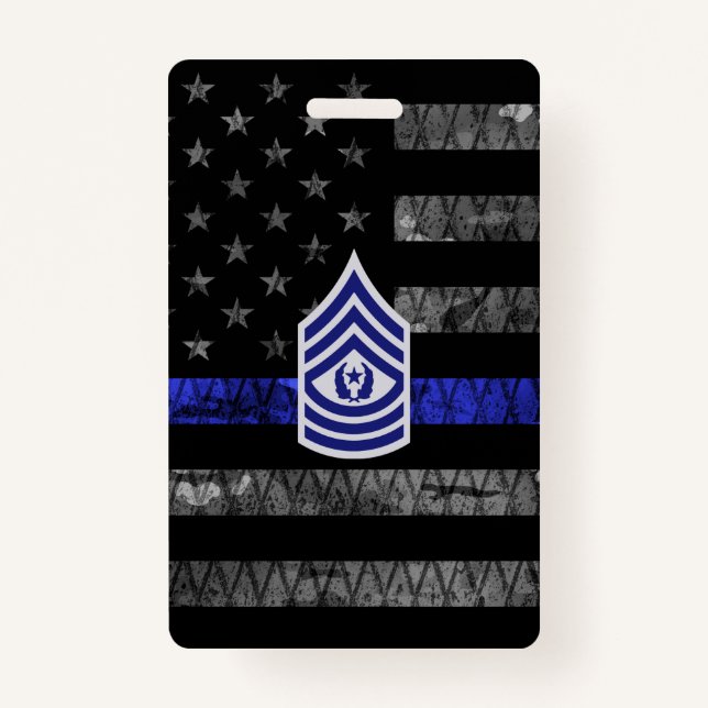 Master Sergeant Thin Blue Line Distressed Flag ID Badge (Front)
