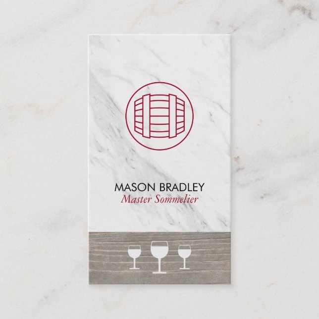 Master Sommelier Wine Barrel Marble Wood Trim Business Card (Front)