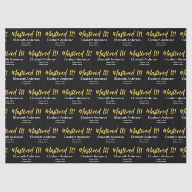 Mastered It! Black White Gold Script Grad's Name Tissue Paper (Front)
