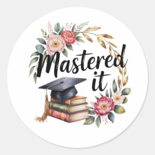 Mastered It Graduation Floral Books Cap Elegant Classic Round Sticker
