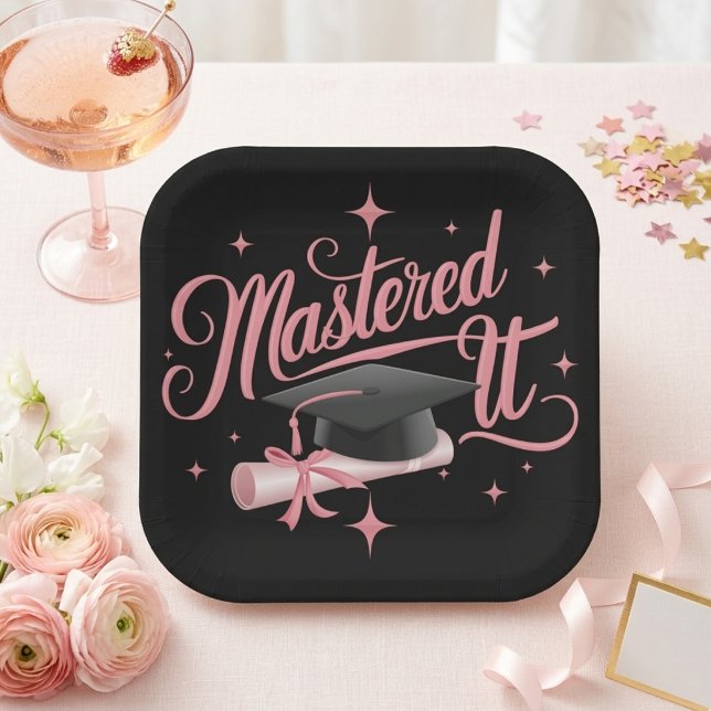 Mastered It Pink Script Master’s Graduation Quote Paper Plate (Creator Uploaded)
