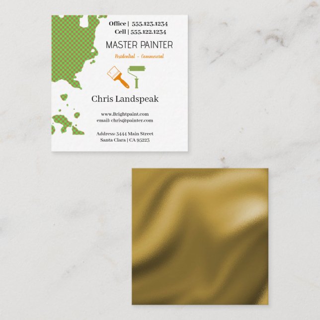 Masterpainter & Gold Green Chequerboard pattern Square Business Card (Front/Back)