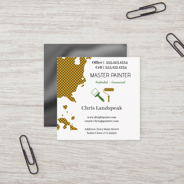 Masterpainter & Green Chequerboard pattern Square Business Card (Front/Back In Situ)