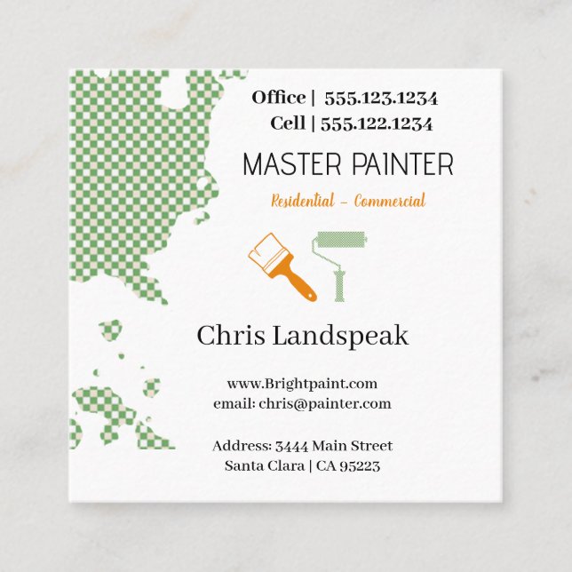 Masterpainter & Green Orange Chequerboard pattern Square Business Card (Front)