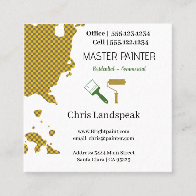 Masterpainter & Grey Yellow Chequerboard pattern Square Business Card (Front)
