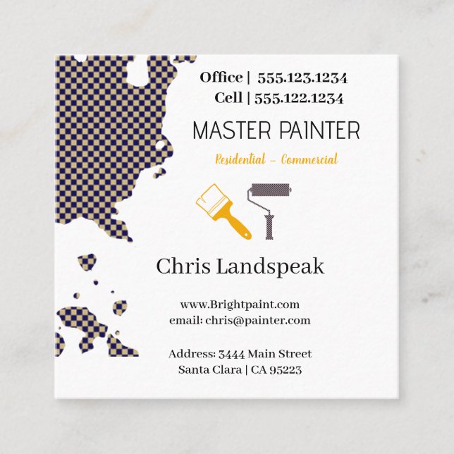 Masterpainter & Navy Blue Chequerboard pattern Square Business Card (Front)