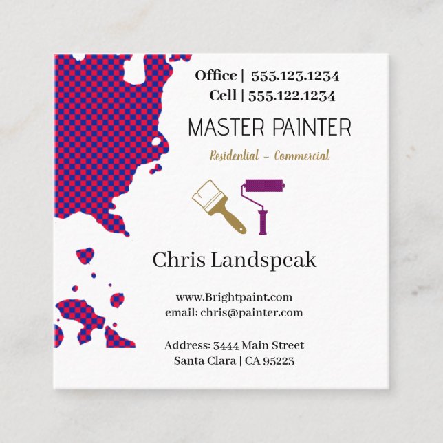Masterpainter & Red Gold Chequerboard pattern Square Business Card (Front)
