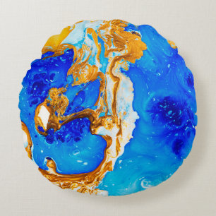 Masterpiece of designing art. Golden and blue pain Round Cushion