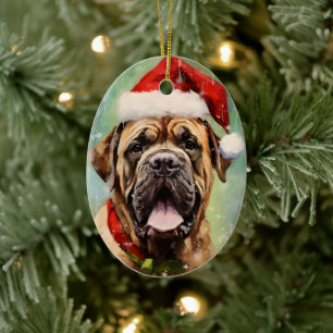 Mastiff Christmas brush painting artwork Ceramic Tree Decoration