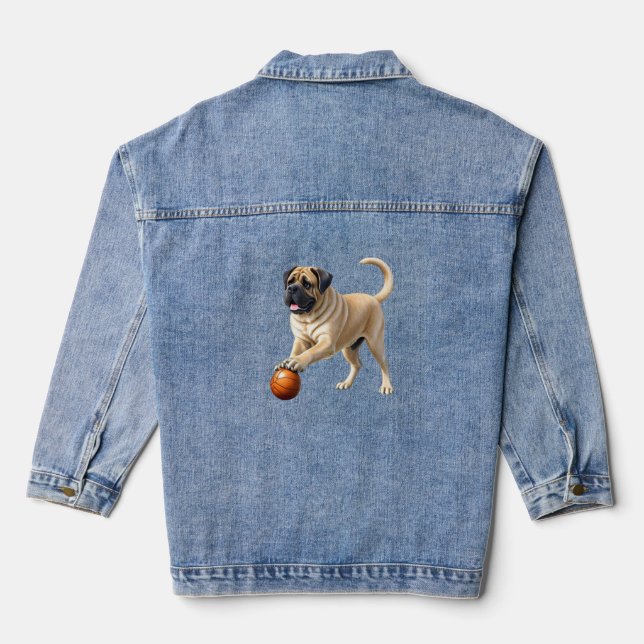 Mastiff English Bulldogge on vacation with ball Denim Jacket (Back)