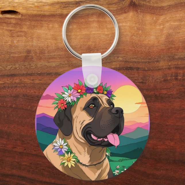Mastiff English Mastiff with flower wreath Mother' Key Ring (Back)
