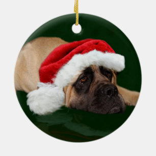 Mastiff in a Santa hat Ceramic Tree Decoration