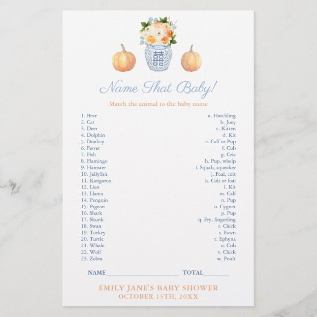 Match Baby Animal With Mum Classy Shower Game Card (Front)