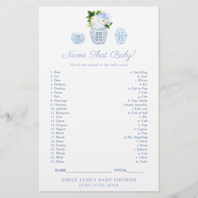 Match Baby Animal With Mum Classy Shower Game Card (Front)