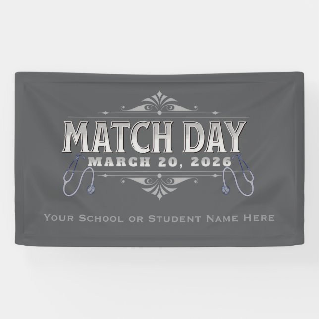 Match Day 2026 Party Elegant Gray Stethoscope Banner (Horizontal)