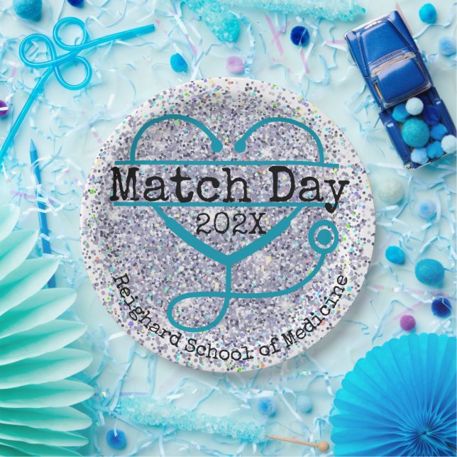 Match Day Blue Custom Year Glitter Stethoscope Paper Plate (Party)
