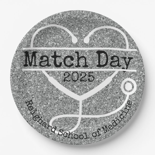 Match Day Silver 2025 Glitter Stethoscope Paper Plate (Front)